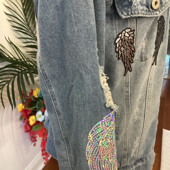 Distressed Denim Sequin Angel Jacket ( Size: XL) - Picture 4 of 7